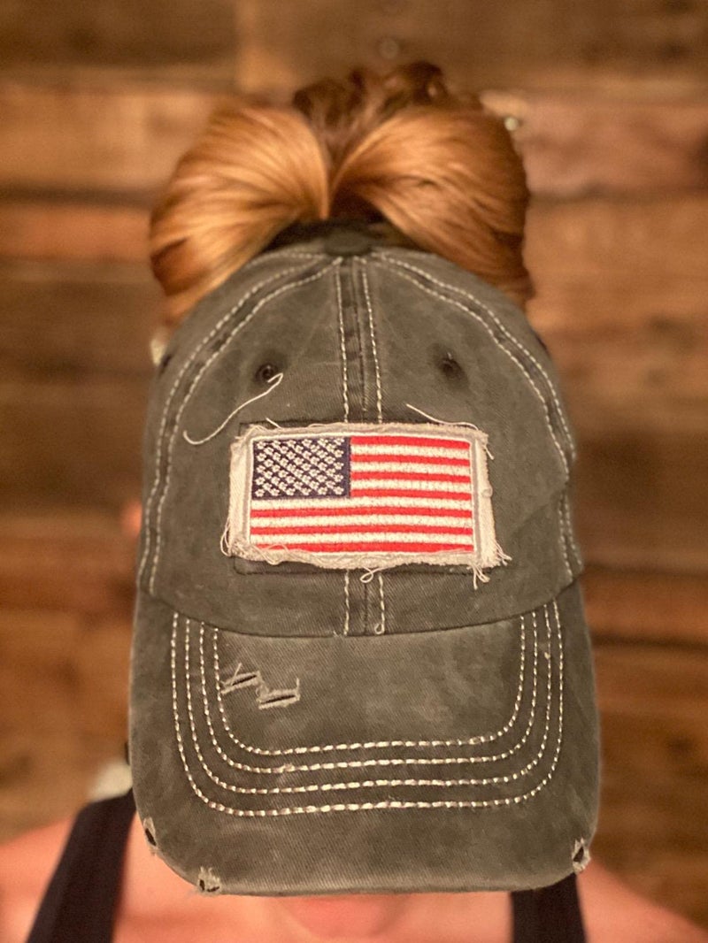 Pogah Distressed Ponytail Hat for Women American-Flag Pony Tail Caps High Bun Black - Image 4